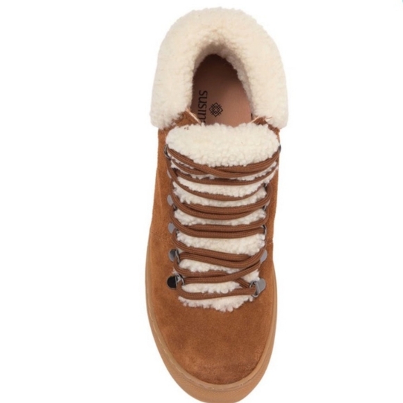 NEW Susina Zayva Suede Shearling Trim Sneaker Tan - Picture 4 of 6